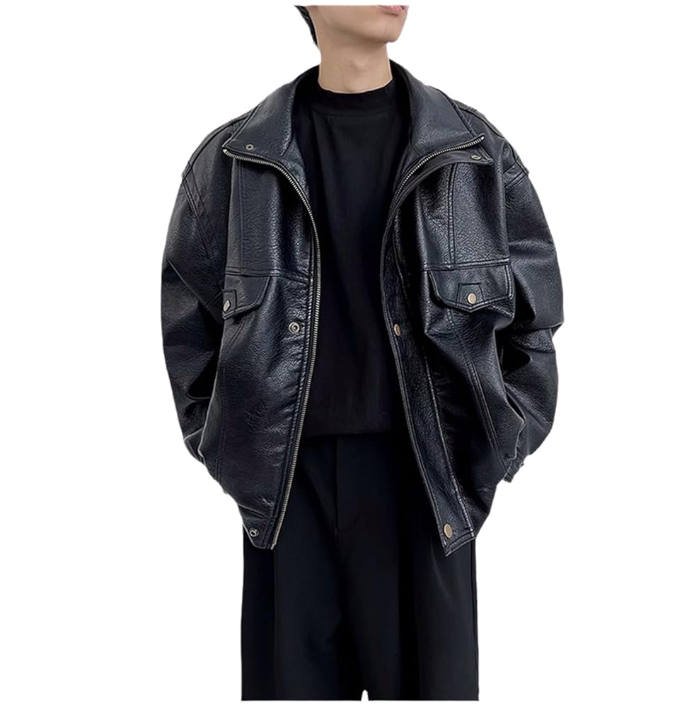 Men Autumn Faux Leather Bomber Jacket Men Drop Shoulder Long